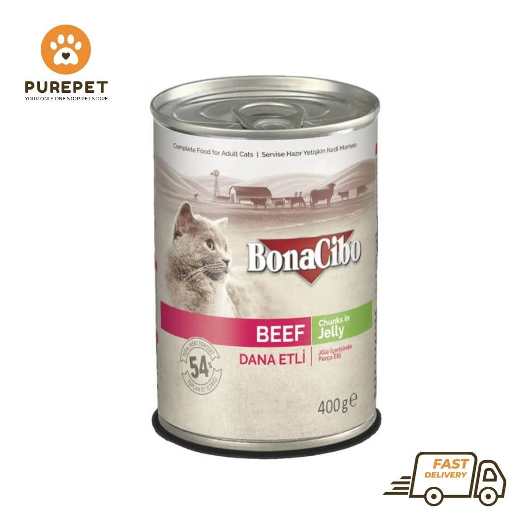 Bonacibo Adult Cat Beef – Chunks in Jelly 400 g Canned