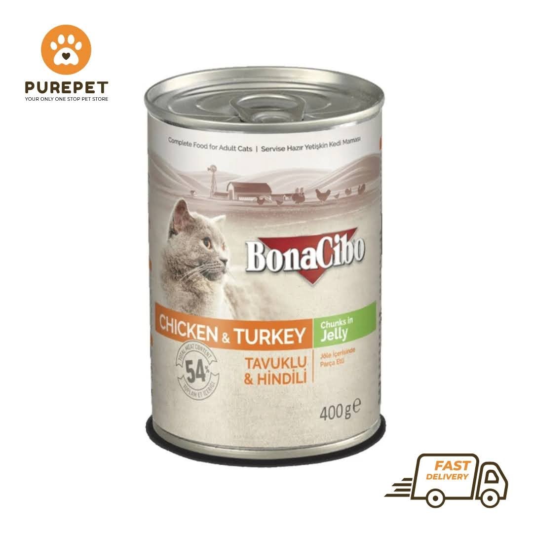 Bonacibo Adult Cat Chicken & Turkey – Chunks in Jelly 400 g Canned