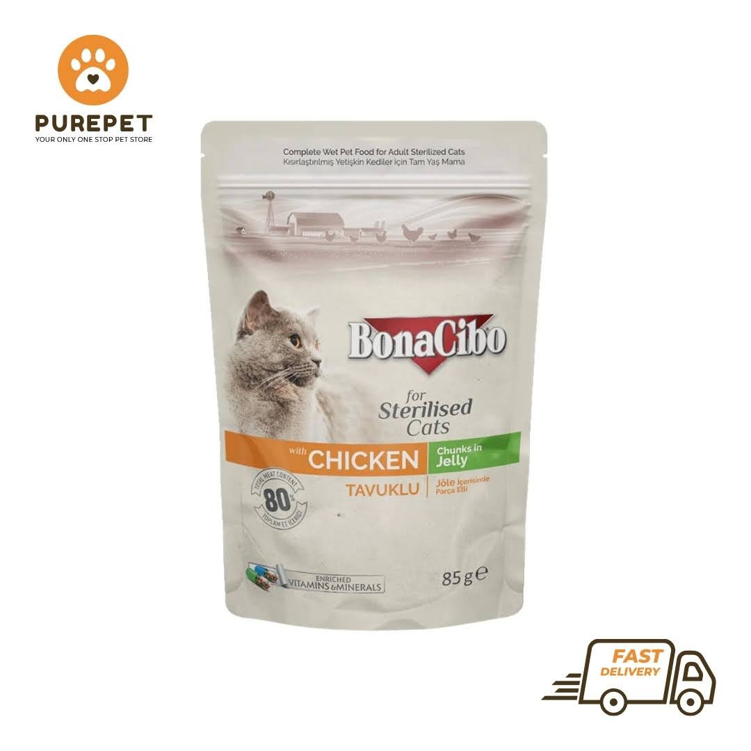 Bonacibo Adult Cat Sterilised Chicken – Chunks in Jelly 85 g Pouch